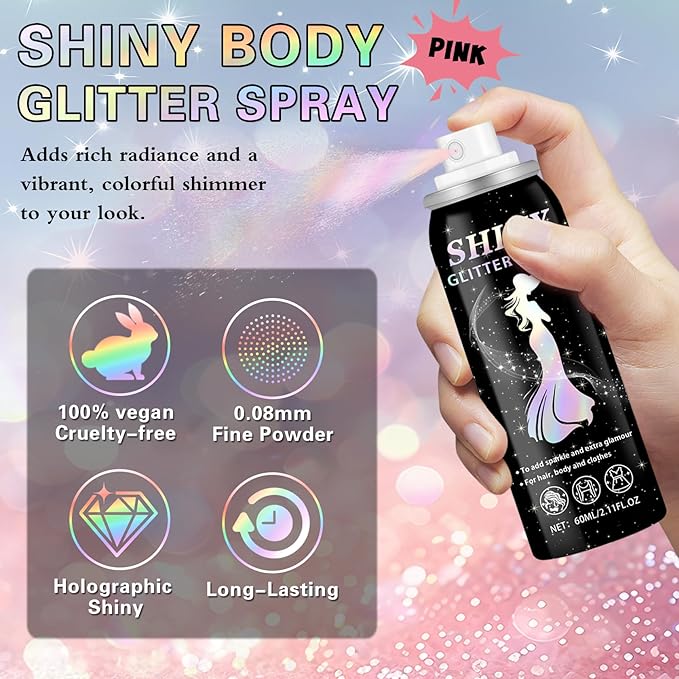 Body Glitter Spray, 60ML Shiny Pink Glitter Spray for Hair Body and Clothes,Long-Lasting Quick-Drying Holographic Ultra Fine Powder Glitter Hairspray for Festival Rave Stage Prom 2.11 Fl Oz