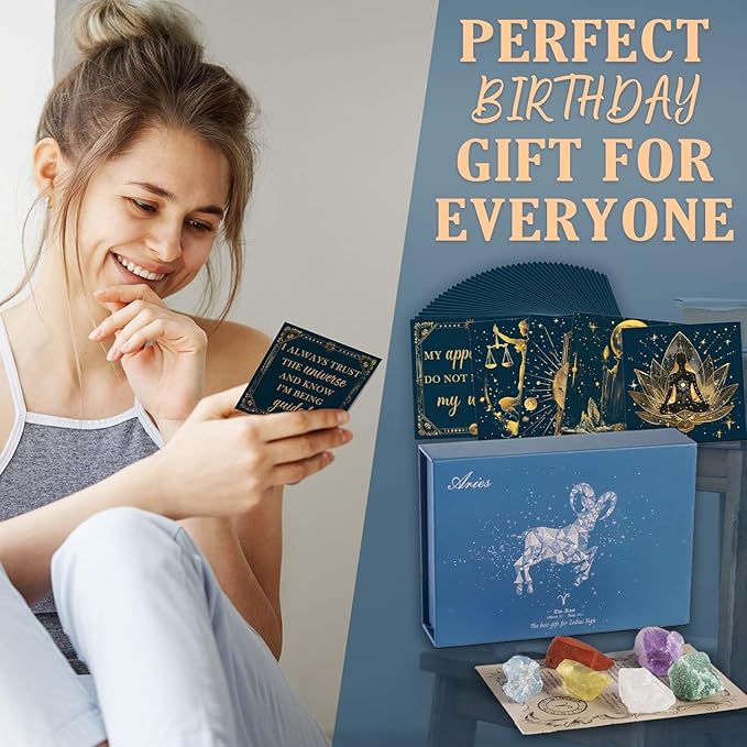 Faivykyd Aries Crystals Gifts for Women - 6 Aries Zodiac Healing Stones w/ 50 Miracle Mantras Affirmation Cards, Inspirational Astrology Gifts for Promoting Positive Energy, Self-Care & Love