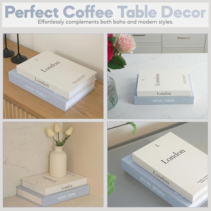 Faux Book Storage Box Set of 2 (Beige/Gray) – Decorative Faux Books with Hidden Storage for Coffee Table Decor, Bookshelf or Mantle – Linen Decorative Boxes – Aesthetic Book Decor for Home