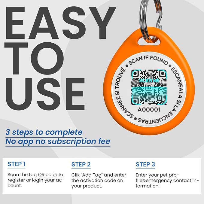 QR Code Dog Tags Personalized for Pets, Real-time Alerts, Orange