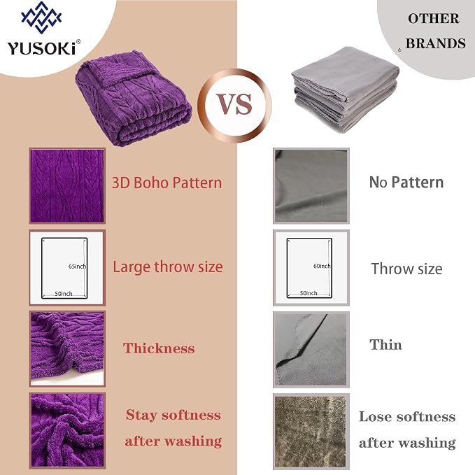 YUSOKI Sherpa Fleece Large Throw Blanket, Purple, 50"x65" | 3D Stylish Design,320GSM, Non-Shedding, Lightweight for All Season Use, stays fluffy after repeated washes, Perfect Gifts