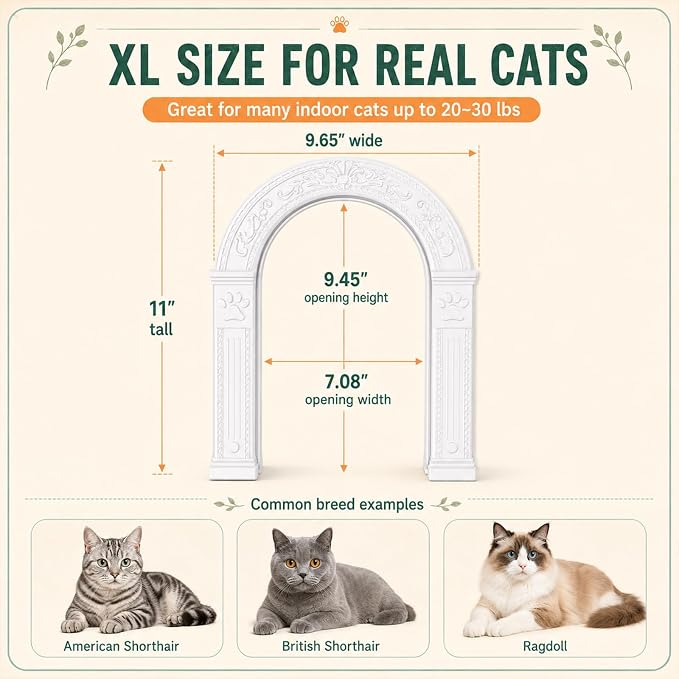 XL Cat Door for Interior Doors Easy to Install in Minutes, No-Flap, White | No Training Required, for Cats Up to 30 lbs, DIY Paintable, Fits 1.25"–1.75" Hollow & Solid Door, Retro Farmhouse Style