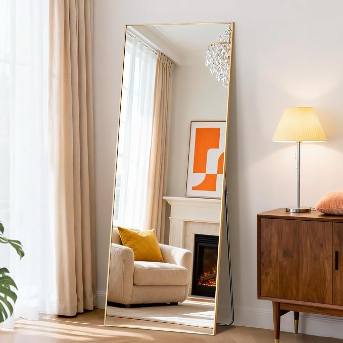 DUMOS 15"x56" Full Length Floor Mirror, Full Body Mirror | Free Standing or Wall Mount, Nano Glass Aluminum Frame, Hanging or Leaning, Modern Simple Home Decor, Gold