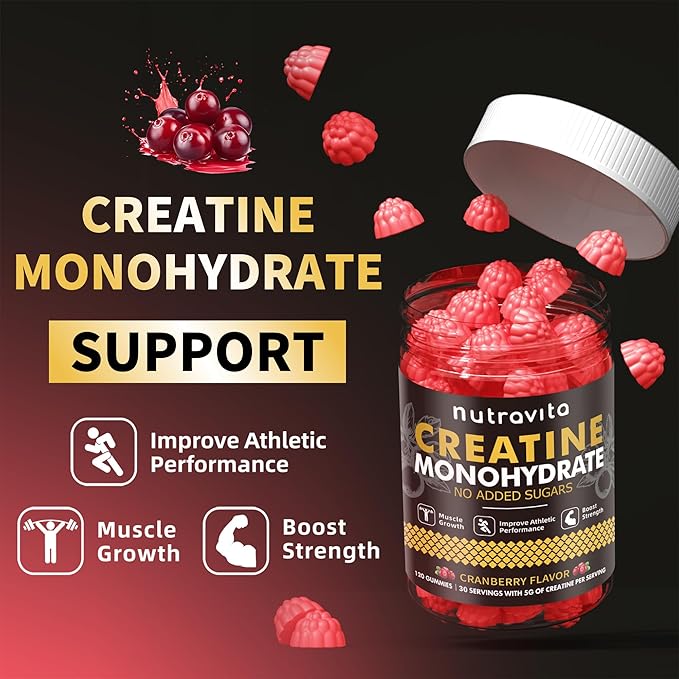Nutravita Creatine Monohydrate Gummies for Men & Women-5g of Creatine Monohydrate per Serving - Sugar Free,Vegan, Cranberry Flavor, 120 Count