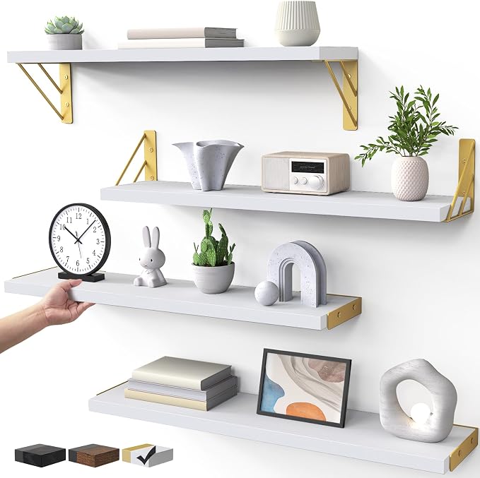 BAYKA Wall Shelves for Bedroom Decor, Floating Wall Shelf for Living Room Kitchen Storage, Mounted Rustic Wood Shelves for Kids Books, Corner Shelf for Bathroom(White and Gold，23in，Set of 4)