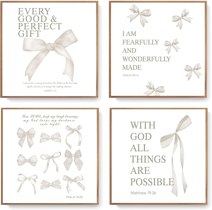 LARTSFRO Coquette Beige Bow Wall Art Decor Posters, Beige Bow Christian Room Bedroom Bathroom Dorm Wall Art Decor Aesthetic for College Teen Girls Gifts, Inspirational Bible Verses Bow Wall Decor, 10x10 Inch Set of 4 Pcs Bow Pictures (UNFRAMED)