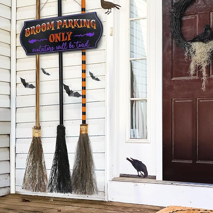 Halloween Decorations - Broom Parking Sign with 3 Wooden Witches Brooms | Hocus Pocus Decor, Halloween Decor, Front Porch Wall Decoration, For Indoor Outdoor Home Office Party