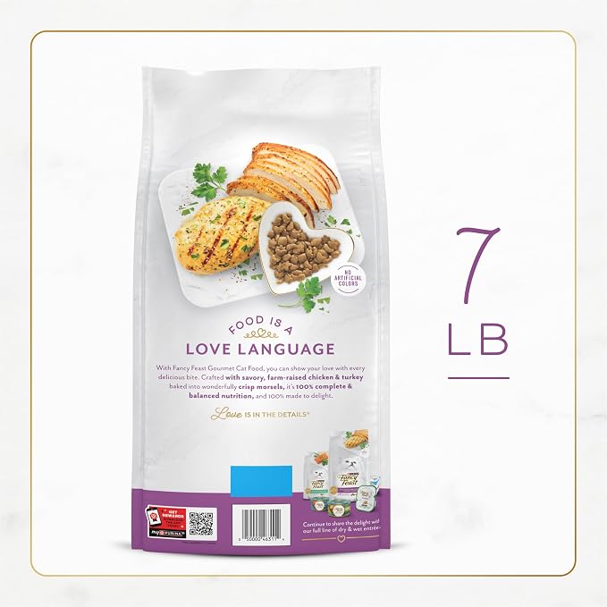 Fancy Feast Purina Farm-Raised Chicken & Turkey Dry Cat Food, 7 lb. Bag | Crisp morsels for a crunchy texture that cats love, 100 percent complete and balanced nutrition for all life stages