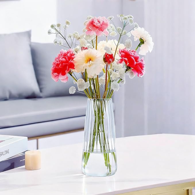 Clear Glass Vase for Flowers, Ribbed Flower Vase for Home Decor, 8.3in H | Modern Glass Vases Centerpieces for Living Room,Bedroom,Dining Room,Bathroom,Office,Wedding, Housewarming Valentine Gifts
