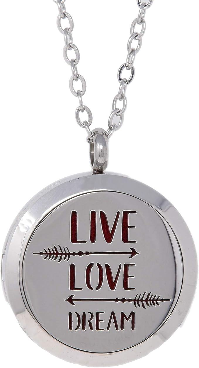 Aromatherapy Essential Oil Diffuser Stainless Steel 30MM Silver Magnetic Locket Pendant 2 Sizes Chain Necklace, Refill Pads & Diffuser Bracelet in a Velvet Bag (Live Love Dream)