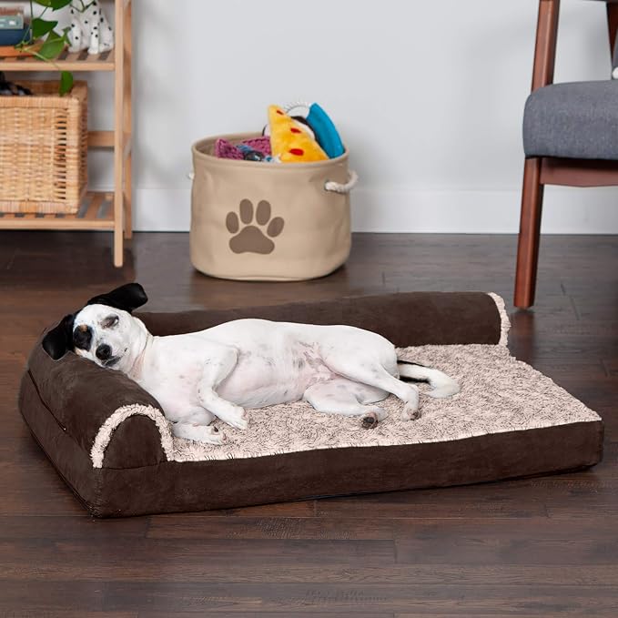 Furhaven Memory Foam Dog Bed for Medium/Small Dogs w/ Removable Bolsters & Washable Cover, For Dogs Up to 35 lbs - Two-Tone Plush Faux Fur & Suede L Shaped Chaise - Espresso, Medium