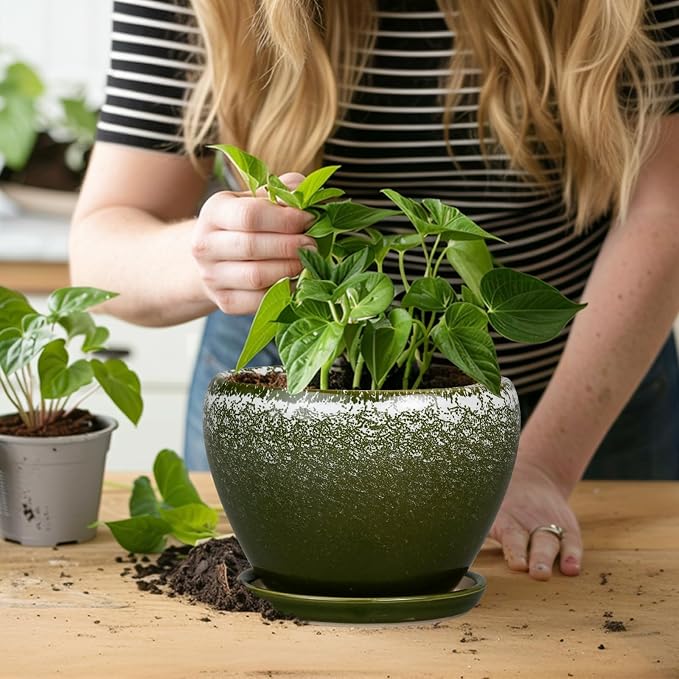 Ceramicfor 6 Inch Plant Pot - Ceramic Planter Pot with Drainage Hole and Saucer, Glaze Succulent Pot Modern Round Flower Pot for Indoor Plants, Dark Green