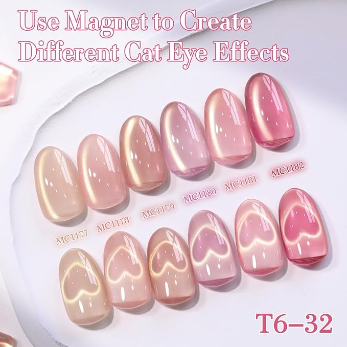 Double Rhythm Cat Eye Gel Nail Polish Set of 6 Same Color Same Bottle 0.5 Oz Shimmer Glitter with Magnet Holographic Reflective Magnetic UV Nail Polish Kit at Home (Glass Nude Pink Rose-T6-32)