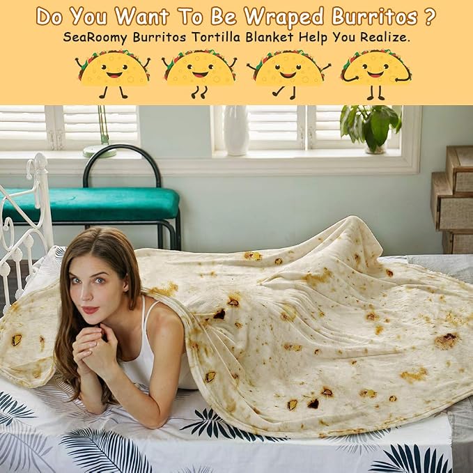 SeaRoomy 80 inches Burrito Tortilla Blanket, Funny Food Big Throw Blanket | Novelty White Elephant Christmas Birthday Gifts, Gag Gifts for Adult Women Men, Soft Fluffy Flannel, Double Sided