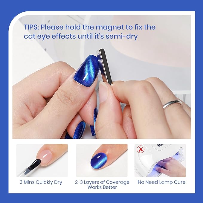 Blue Magnetic Nail Lacquer, Quick Dry Cat Eye Nail Polish Non Gel Fingernail DIY Manicure For Women Girls 16ml/0.54 oz