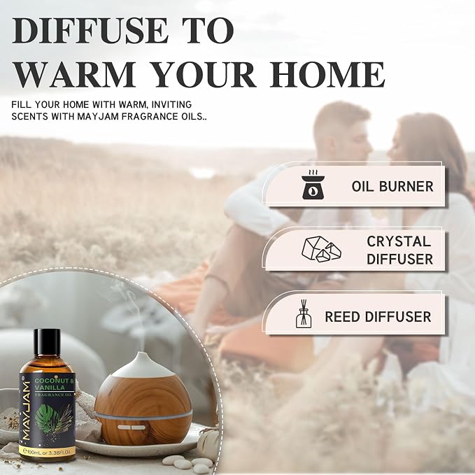 MAYJAM Coconut & Vanilla Fragrance Oils Essential Oil - Coconut & Vanilla Oil for Diffusers, 3.38FL.OZ/100ML Large Volume Fragrance Oil with Premium Glass Dropper