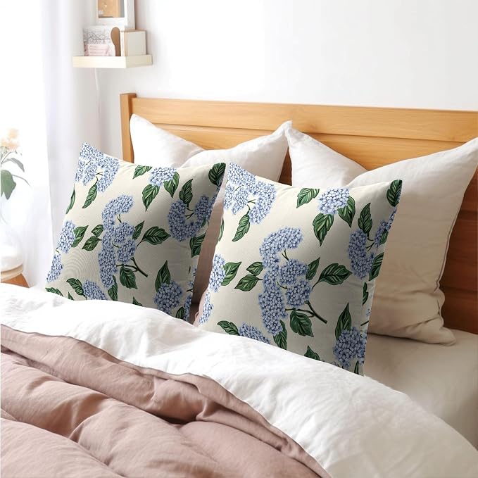 Square Blue Hydrangea Flower Pillow Covers 24x24 Inch Set of 2 Spring Blue Floral Cornflower Throw Pillow Cases Outdoor Linen Square Cushion Cover Farmhouse Decor for Bedroom Home Sofa Couch Bed