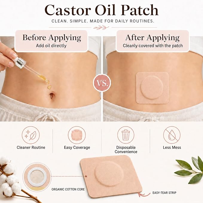 50Pcs Castor Oil Patches, Organic Cotton Castor Oil Pack Wrap Disposable Self-Adhesive Belly Button Patch Cover for Castor Oil, Mess-Free Anti Leakage No Wash Castor Oil Packs for Stomach