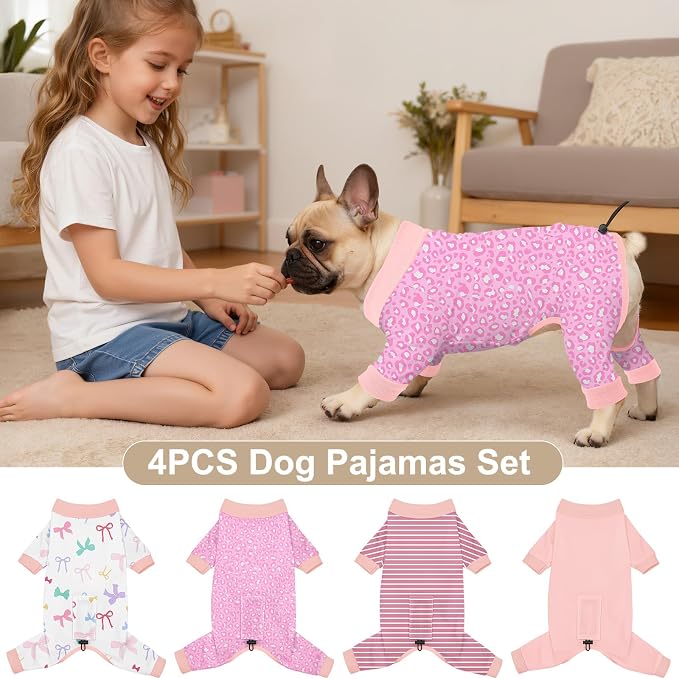 Bienbee Dog Pajamas, 4 Pack Adjustable Onesies for Small to Large Dogs XS | Dog Shedding Suit with Soft Fabric, Breathable & Stretchy, and Adjustable Back Length for Sleeping Lounging and Daily Use