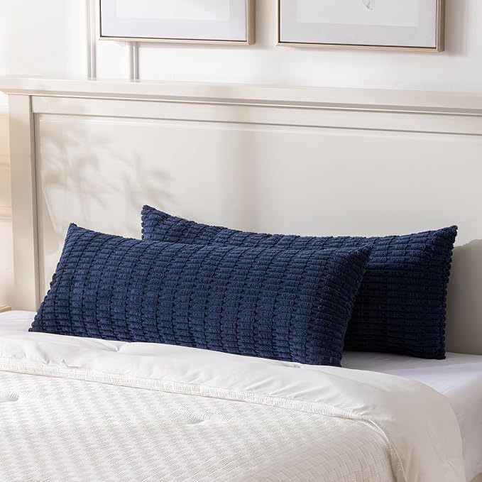 Fancy Homi Decorative Throw Pillow Covers for Bed Couch Bedroom Bench, Soft Corduroy Solid Pillow Case, Rustic Farmhouse Boho Room Decor,36" x 14" (Pack of 1),Navy Blue