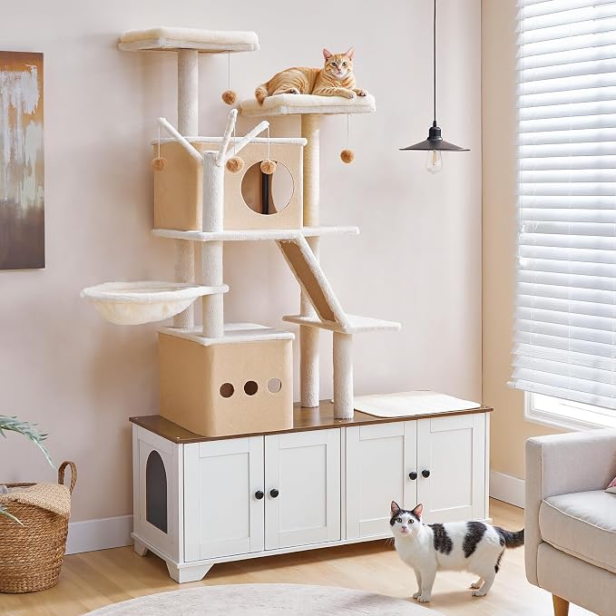 HOOBRO Double Litter Box Enclosure with Cat Tree, 45.3" L x 17.7" W x 68.9" H All-in-One Modern Cat Tower with Bed, Hidden Litter Box Enclosure Furniture, with Hammock, Sisal Posts, White WH22MZ03