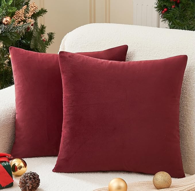 Christmas Burgundy Pillow Covers Set of 2 20x20 Inch Throw Pillow Covers, Soft Velvet Xmas Wine Red Decorative Pillow Covers for Couch Sofa Bed Living Room, Home Modern Decor