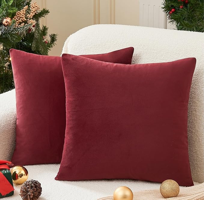 Christmas Burgundy Pillow Covers Set of 2 16x16 Inch Throw Pillow Covers, Soft Velvet Xmas Wine Red Decorative Pillow Covers for Couch Sofa Bed Living Room, Home Modern Decor