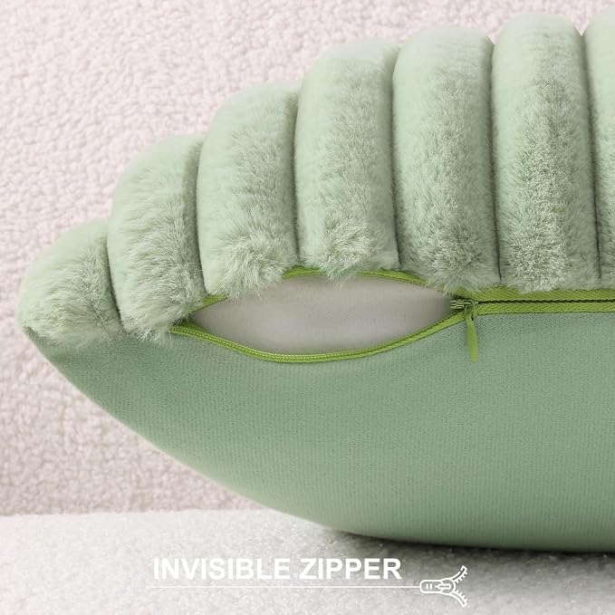 Pallene Faux Fur Decorative Throw Pillow Covers 12x20 Set of 2, Sage Green | Luxury Plush Texture, Striped Design, Cozy Soft Touch, Modern Home Accent Decor for Couch, Sofa, Bed, Living Room