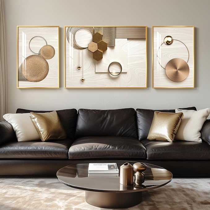 Extra Large Modern Luxury Gold Framed Wall Art for Living Room, 3 Piece Glam Bright Art Prints Paintings Artwork for Walls, Contemporary Bronze Geometric Pictures for Hallway Stair Office Wall Decor
