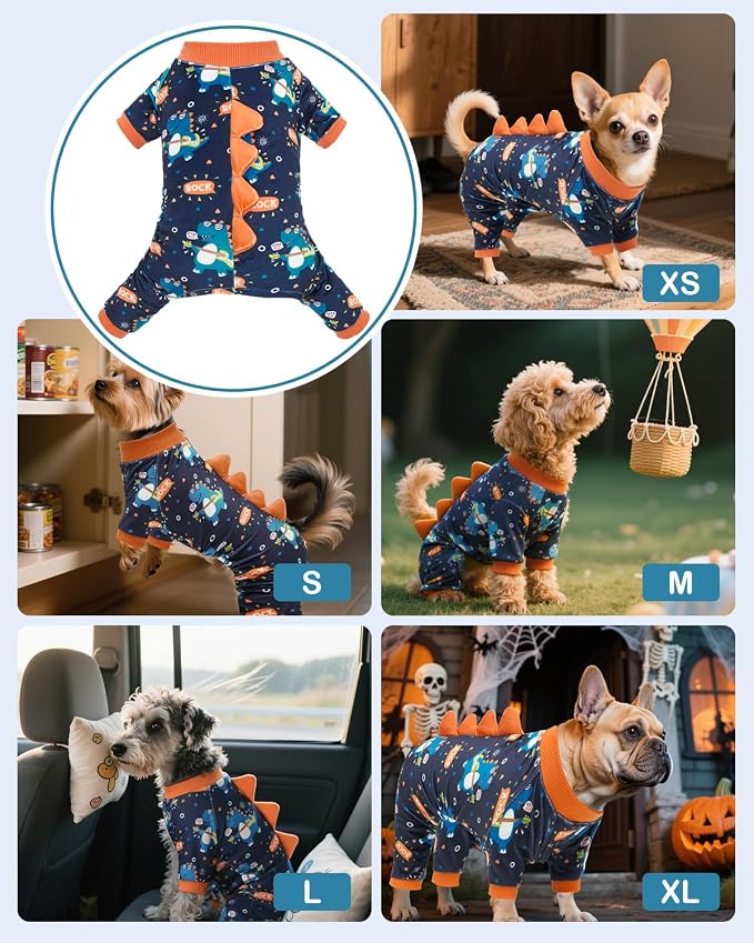 CuteBone Dinosaur Costume Dog Pajamas, Stretchy Spandex Crystal Velvet Sleepwear Coat for Small Dogs, Soft & Warm Pet Outfit Clothes for Cold Weather, Cozy Pullover Design COSP19XS