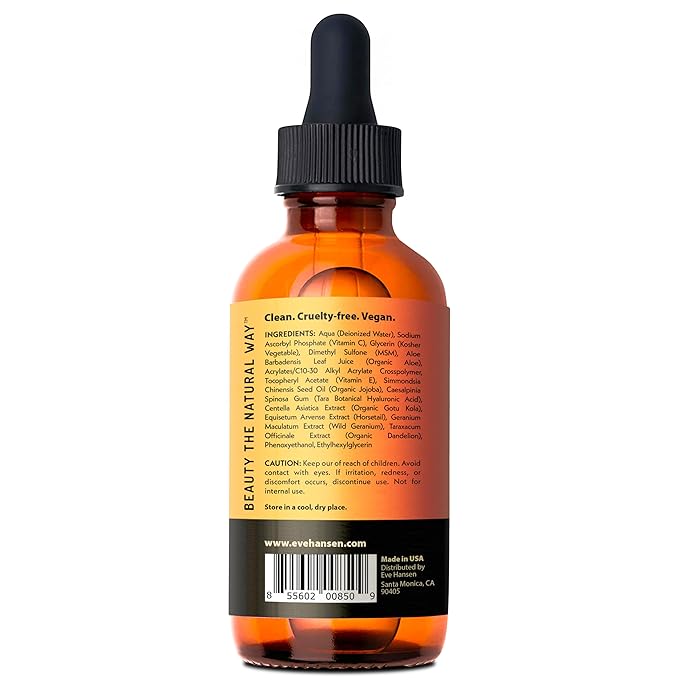 Eve Hansen Vitamin C Facial Serum - 76% Organic Antioxidant Serum for Face with Hyaluronic Acid, Vitamin E, and Aloe Vera - Hydrating and Rejuvenating Skin Care 2 Oz