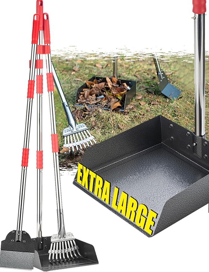 FUSBUNTY Dog Pooper Scooper Set, Heavy Duty Stainless Steel Rake & Spade | Extra Large Tray for Pet Waste Removal. No Bending Clean Up Tool for Grass, Dirt, Gravel, Yard & Outdoor Areas.
