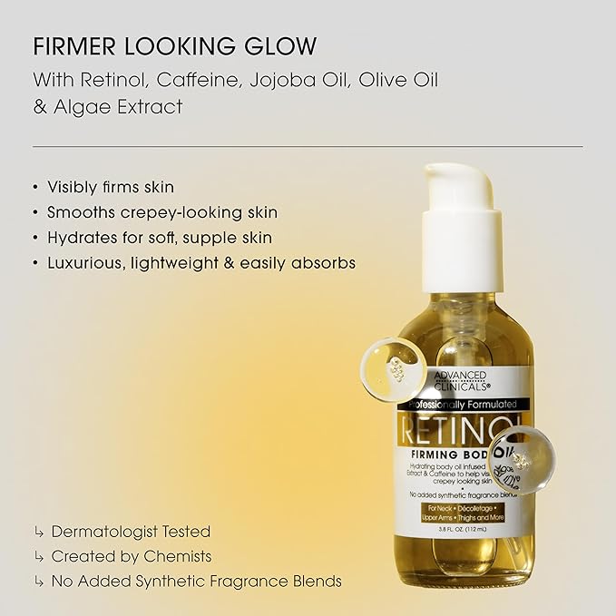 Advanced Clinicals Retinol Body Firming Oil | Retinol Body Oil After Shower Moisturizer Targets Look Of Crepey Skin & Wrinkles | Infused With Caffeine, Algae, & Vitamin E, Fragrance Free, 3.8 Fl Oz