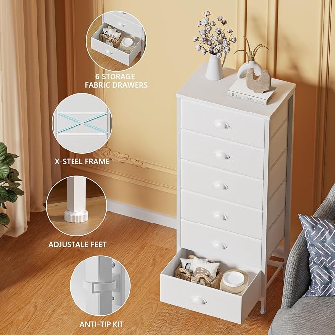 White Dresser for Bedroom, 6 Fabric Drawers Chest of Drawers | Tall Skinny Dresser for Closet, Vertical Storage Tower Unit, Tall Nightstand for Dorm, Living Room, Metal Frame, Wooden Top