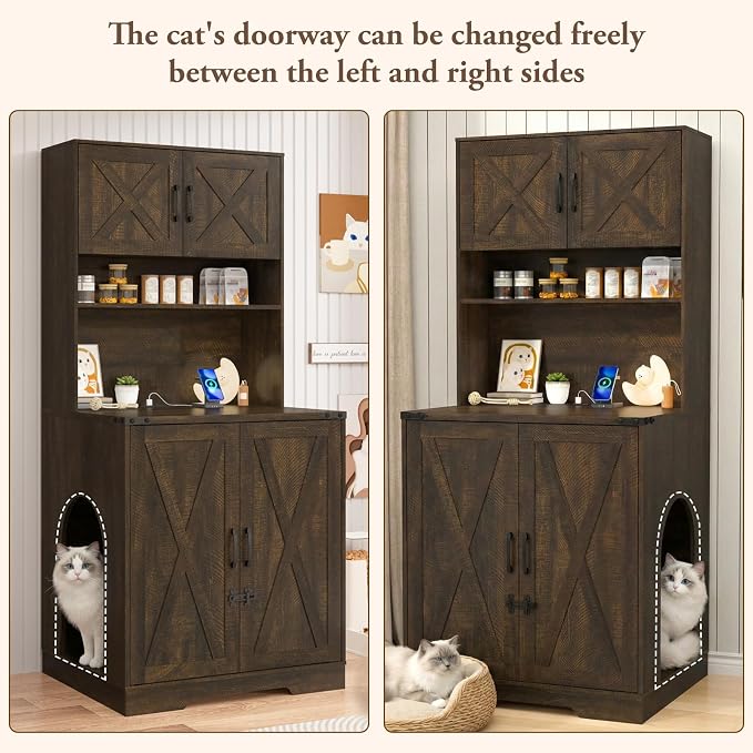 71Inches Tall Cat Litter Box Enclosure for Cats W/Power Outlets,Open Shelves.Wooden Pet Washroom Furniture W/Lock,Cabinet.White Indoor Cats House,Hidden Cat Litter Box for Living Room,Bedroom(Brown-2)