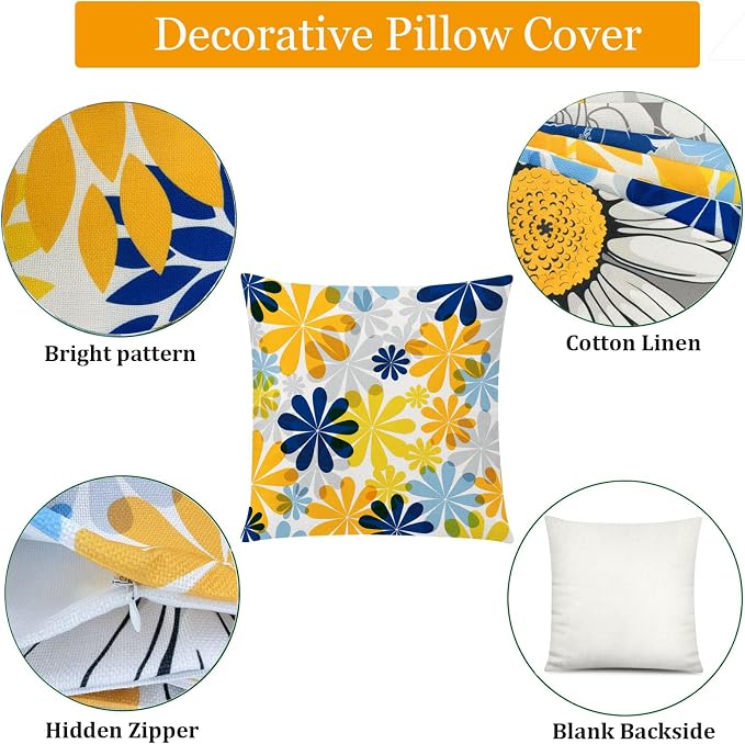Yellow Blue Throw Pillow Covers 16x16 Set of 6, Daisy Floral Linen Decor | spring floral, wild flower bloom, decorative cushion cover, Breathable Linen, Accent pillow chair small Sofa summer Decor