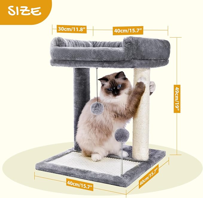 PAWZ Road Cat Scratching Post with Bed, Small Cat Tower with Pad & Ball | 19” Cat Stand with Padded Removable Bed, Full Sisal Scratching Post & Scratcher Pad Dual Play Ball for Kittens & Indoor cats