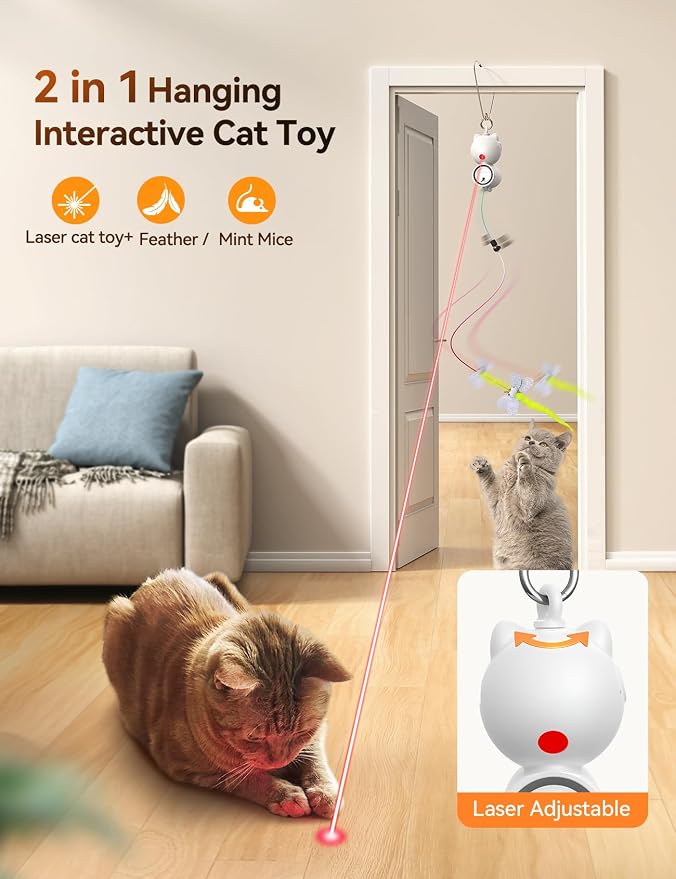 FEELNEEDY Interactive Cat Toys, LED Light, 8 PCS Replacement Teaser with Bell Refills, Feather & Mouse Cats Toy, Hanging Cat Toys for Indoor Cats, for Bored Adult Kitten Exercise, Silver