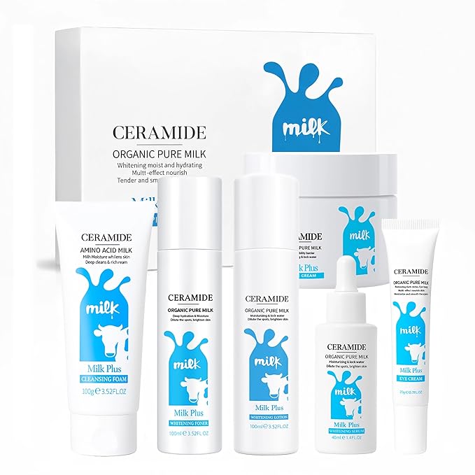 Milk Skin Care Set for Teen Girls, Skincare Gift Kit with Cleanser,Toner,Eye Cream,Serum, Lotion & Face Cream for Hydrating, Brightening, Soothing, All Skin Types