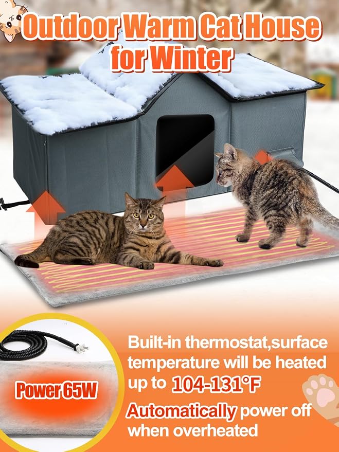 Weatherproof Heated Cat Houses for Outdoor Cats - Insulated Cat Shelter for Winter with Thermostatic Heating Pad and Escape Door, Warm Outside Pet House Gift for 3-4 Feral Cats (X-Large)