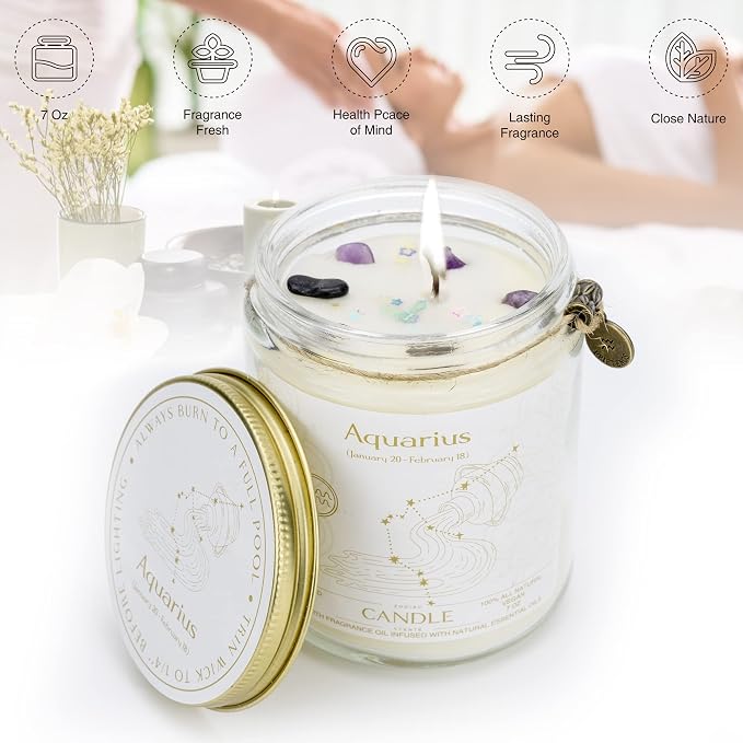 Zodiac Sign Jar Candle, Aquarius, Lavender Scent, Modern Style, Crystal Embellishment, Birthday Gift