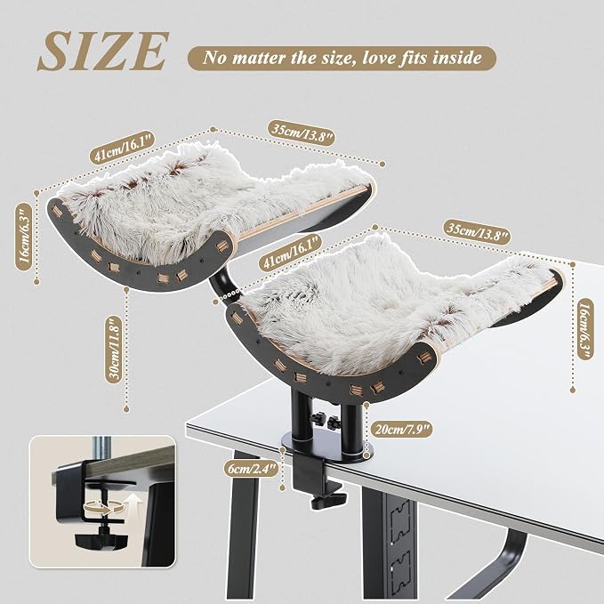 PEQULTI Desk Cat Bed for 2 Cats, 2-Tier 360° Rotating Cat Hammock, Black | Clamp-on desk-edge perch holds 50 lbs wobble-free; removable washable cushion; bunk bed for 2 cats; no-drill, furniture-safe