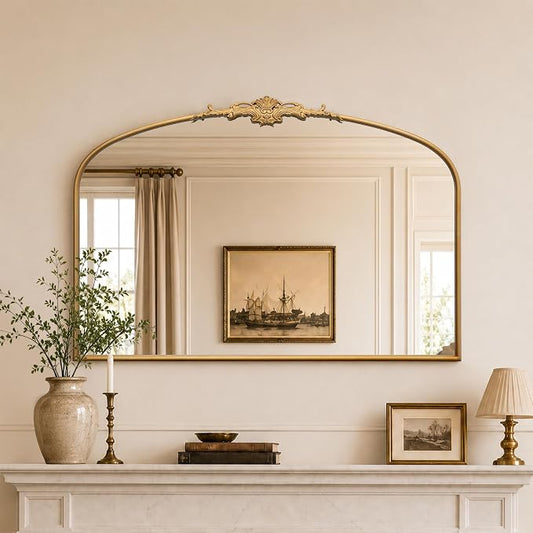 Besdomus Vintage Arched Gold Mirror: 48"x33" Oversized Decorative Mirrors | French Baroque Metal Framed - Traditional Ornate for Home Renovation Decor - Ideal for Foyer/Entryway/Fireplace/Living Room