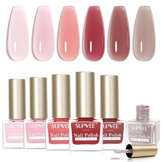 Jelly Nail Polish Set Non Gel, Quick Dry Sheer Nude Pink Regular Nail Polish Natural Neutral Fingernail Lacquer High Glossy Manicure DIY Salon Gift for Women Girl（Nude Pink Red Brown Colors）