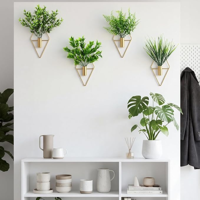 Hanaive 4 Sets Boho Wall Decor Metal Wall Art Hanging Planters with Artificial Pampas Display Modern Home Vase for Bedroom Home Office(Brisk,Green)