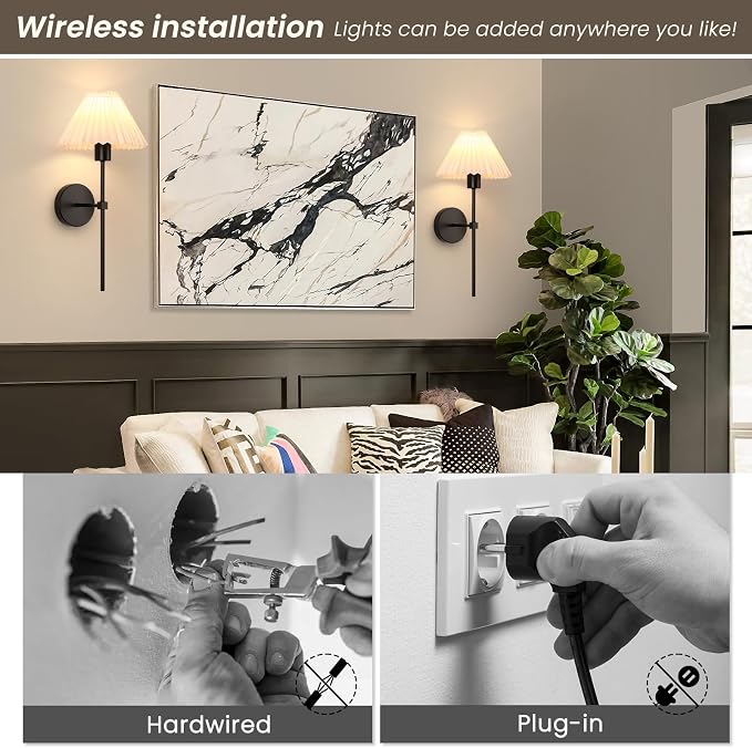 Rechargeable Battery Operated Wall Sconces Sets of 2, 15 Colors Wireless Wall Sconce, Black Wall Lights Fixture with Dimmable Bulbs and Remote, Not Hardwired Wall Mounted Lamps for Bedroom Living Room