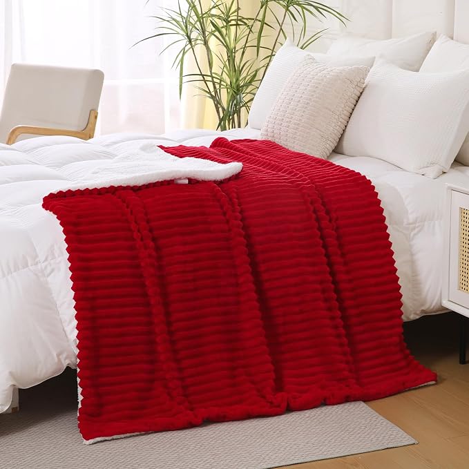 Red Sherpa Fleece Throw Blanket 50”×60” for Couch Sofa Bed | Double Side Soft Fuzzy Cozy Plush Thick Flannel Blanket with Striped Design Gift for Adults,Woman