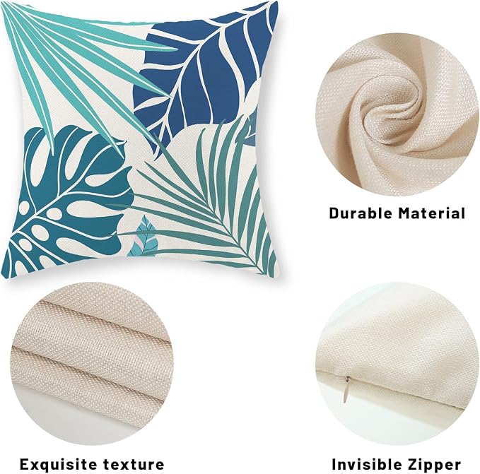 Tropical Pillow Covers 20x20 Set of 2 Navy Blue Aqua Teal Monstera Palm Leaf Pillowcase Summer Decorations Tropical Outdoor Throw Pillows Linen Decor Botanical Plant Cushion Case for Home Bed