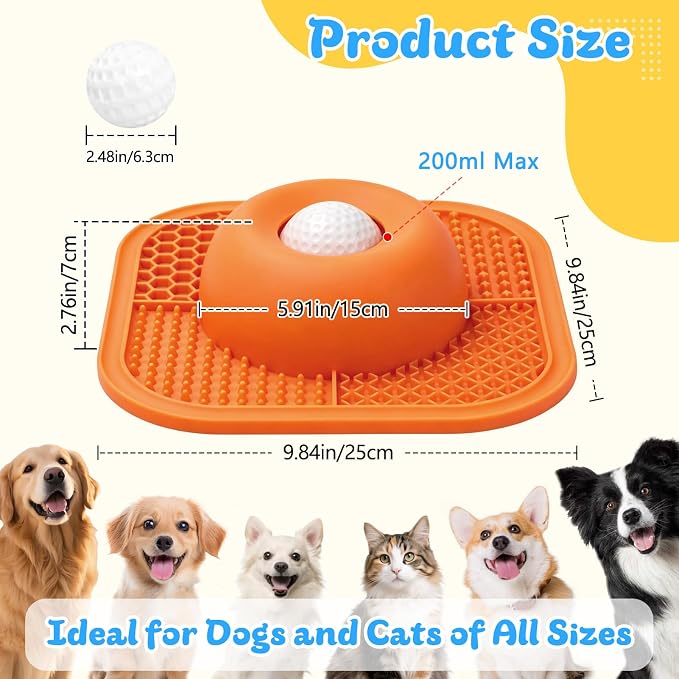 Slow Feeder Dog Bowls & Lick Mat for Liquid and Thick Treat, Anti-Slip Dog Lick Bowl with Interactive Rolling Ball, 5/6 Cup Pup Licking Toy for Large Medium Small Dogs and Cats Orange