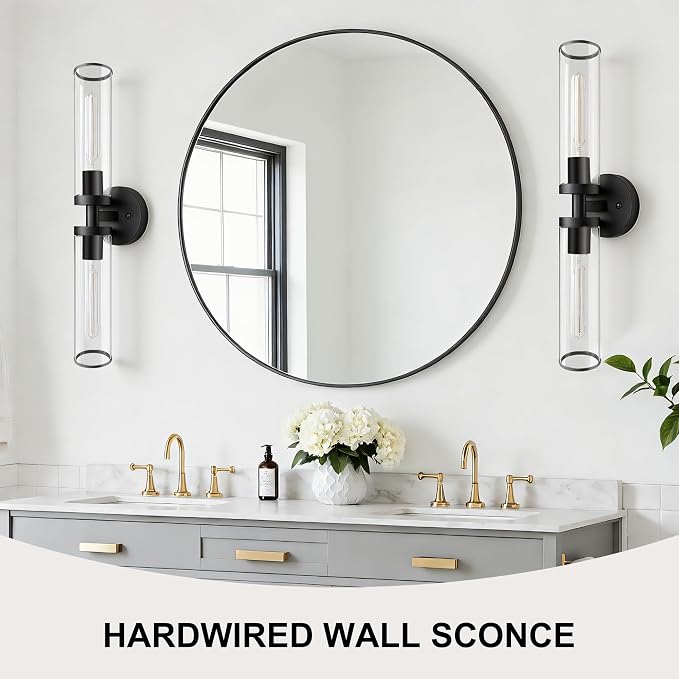 Black Wall Sconces, Set of 2, 22'' Modern Vanity Lights Fixture for Bathroom with Clear Glass, Wall Sconces Lighting, for Living Room/Bathroom Hallway Mirror/Bedroom (Bulbs Not Included)